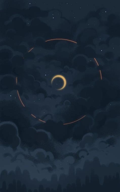 The Night Sky Is Full Of Stars And Clouds With An Orange Moon In The Center