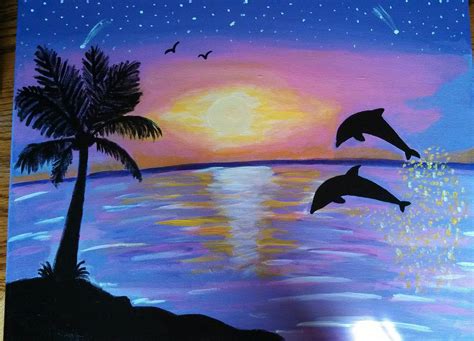 Ocean Sunset With Dolphins And Palm Trees