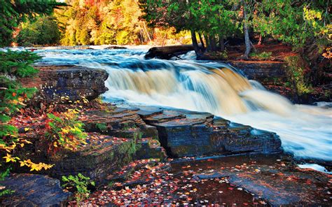 Waterfall Autumn Trees Forest Rock Desktop Wallpaper Hd 4672x2920