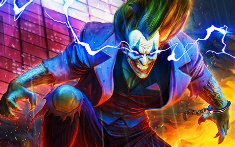 Download Wallpapers Joker 4k Blue Lightings Supervillain Battle
