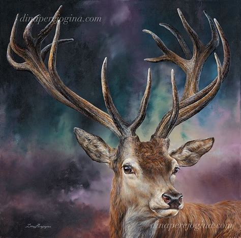 A Painting Of A Deer With Large Antlers On Its Head And Sky In The