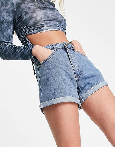 Missguided Highwaisted Turn Up Denim Shorts In Blue Asos