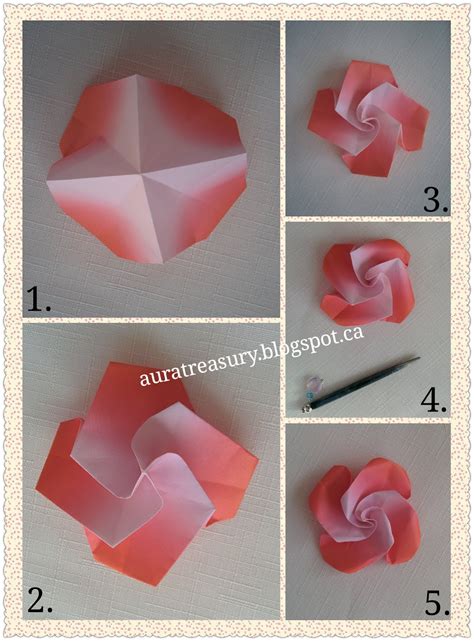 Repeat for each corner (pic 3) once unfolding, the paper should have the creases shown in pic 4. AuRa Treasury: DIY Valentine's Origami Flowers