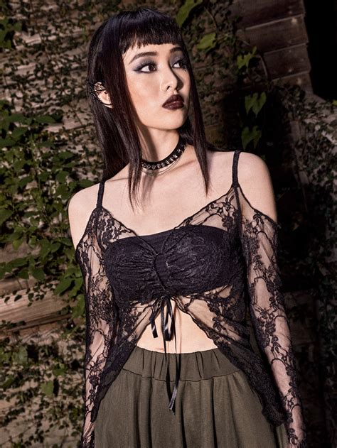 Romwe Goth Contrast Lace Cold Shoulder Sheer Top