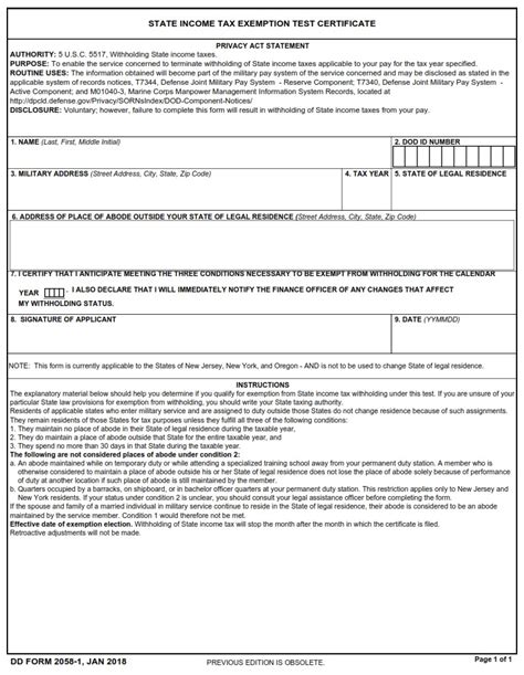 Dd Form 2058 1 State Income Tax Exemption Test Certificate Free