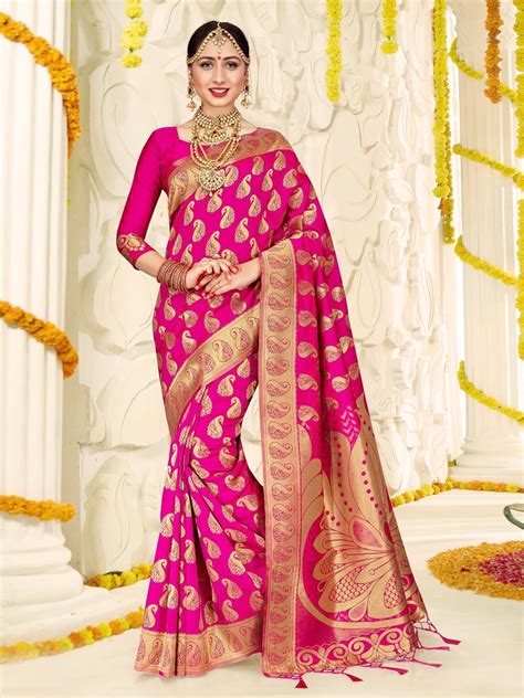 New Indian Bangladeshi Wear Sarees Pink Banarasi Art Silk Woven Sari