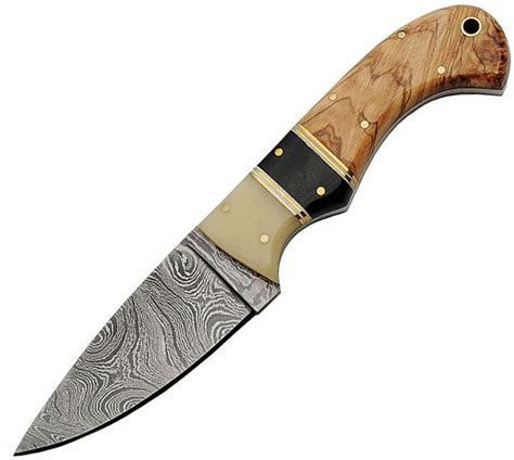 Dm1192 Damascus Steel Skinner Knife Bone Horn And Olive Wood Handles