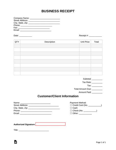 Free Business Receipt Template Pdf Word Eforms