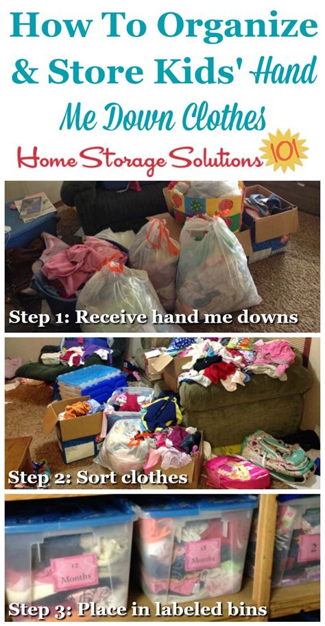 I kept them in groups of six months in small bins in the closet. Hand Me Down Kids Clothes Storage Ideas & Organizing Tips