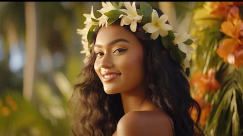 Linda Mulher Polinésia Com Ia Generativa De Flores Foto Premium