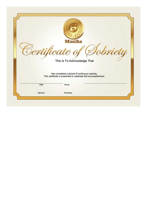 Sobriety Certificate Template 6 Month Gold Printable Pdf Download