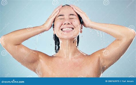 Happy Woman Shower And Water Drops In Hygiene Washing Or Grooming