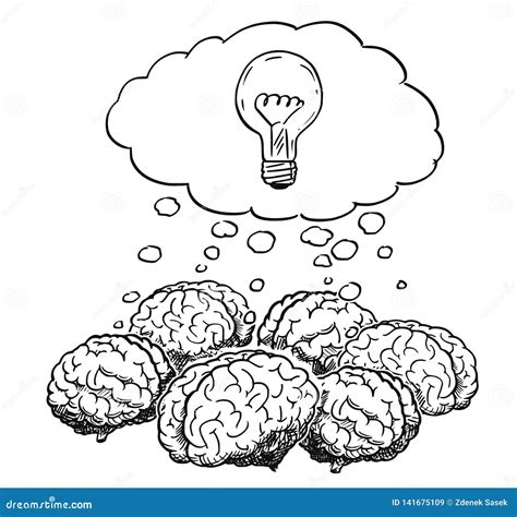 Cartoon Of Group Of Human Brains Thinking Together During Brainstorming