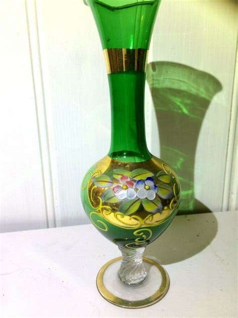 Vintage Green Venetian Murano Glass Vase Hand Painted And Gilded In