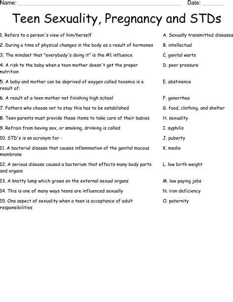 Teen Sexuality Pregnancy And Stds Worksheet Wordmint