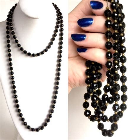 vintage long black beaded necklace smooth shining faceted
