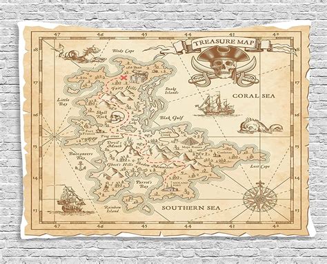 Map Tapestry Island Decor Old Ancient Antique Treasure Map With Details