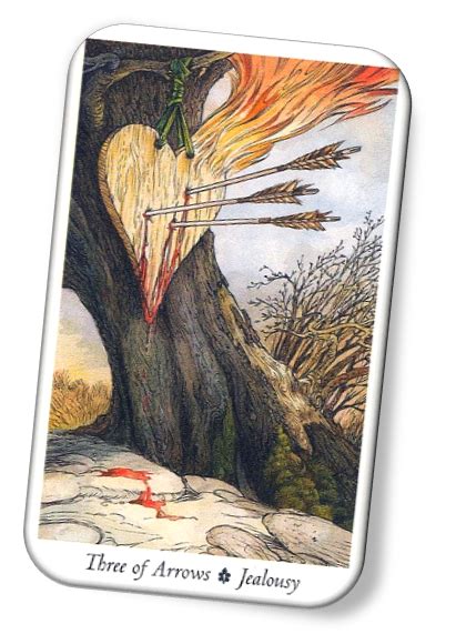 Fire, water, clouds, and rainbow, are equivalent to wands, cups, swords, and pentacles. Three of Arrows Wildwood Tarot Card Meanings - Jealousy | TarotX