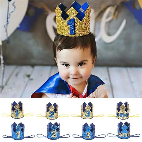 Blue Gold Boy First Birthday Hat Glitter Princess Crown Number 1st 2 3