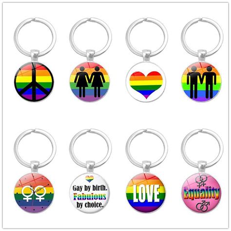 New Gay Lesbian Pride Sign Keychains For Women Men Rainbow Color Glass