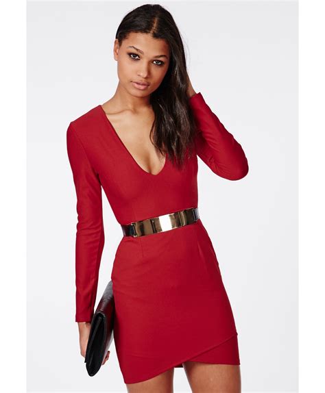 Missguided Long Sleeve Plunge Wrap Dress Red Lyst