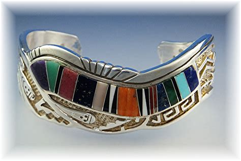 Calvin Begay Sterling Silver Turquoise Coral Inlay Cuff