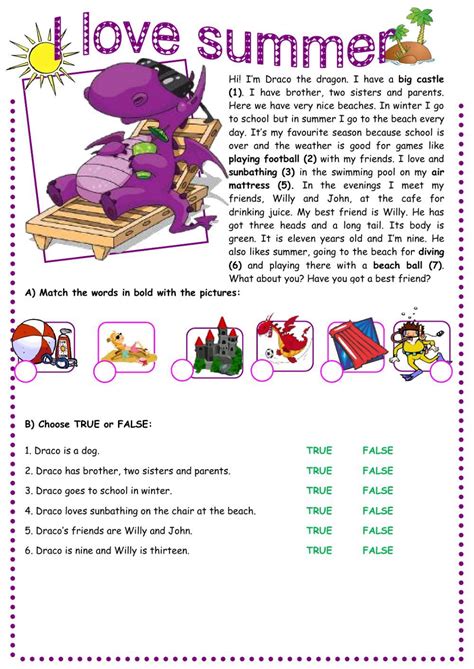 Summer Vacation Interactive Worksheet Reading Comprehension For