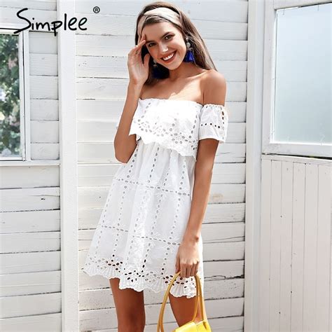 Simplee Off Shoulder Lace White Dress Hollow Out Streetwear Casual Women Dress Loose Short