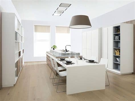 Sencilla pero a su vez moderna mesa para salón rectangular con cristal templado en color blanco de 8 mm. Muebles de cocina Gama Decor. BricoDecoracion.com
