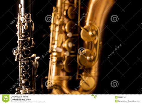 Classic Music Sax Tenor Saxophone And Clarinet In Black Stock Photo