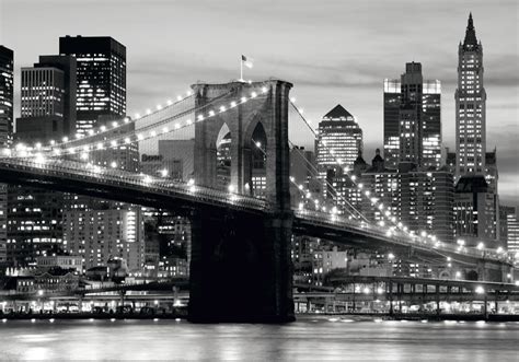New York City Brooklyn Bridge At Night In Black And White Wall Mural