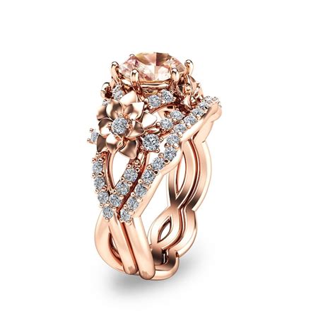 K Rose Gold Morganite Bridal Set Floral Design Wedding Ring Etsy