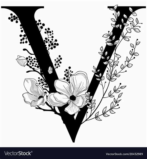 Vector Hand Drawn Floral V Monogram Or Logo Uppercase Letter V With