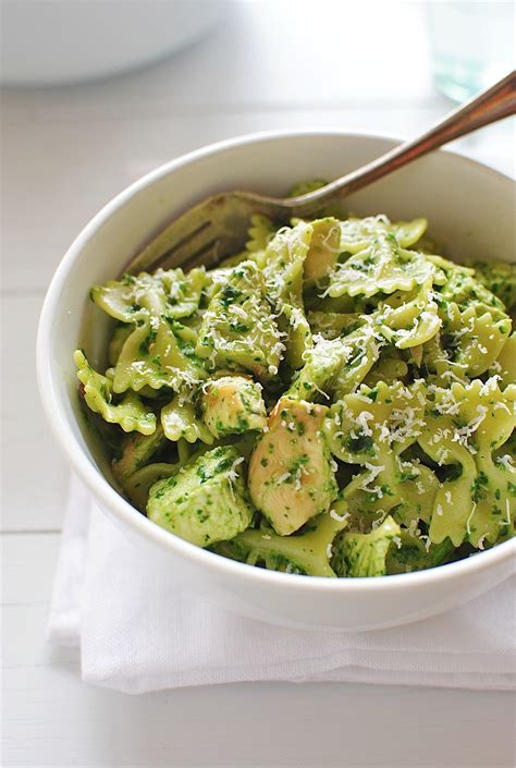 Drain pasta, reserving about ½ c of boiling water. Farfalle Pasta with Chicken and Spinach Pesto | Bev Cooks