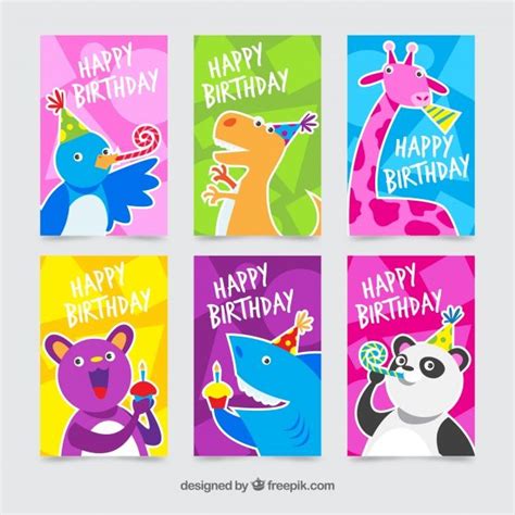 Free Vector Collection Of Six Colourful Birthday Cards With Animals