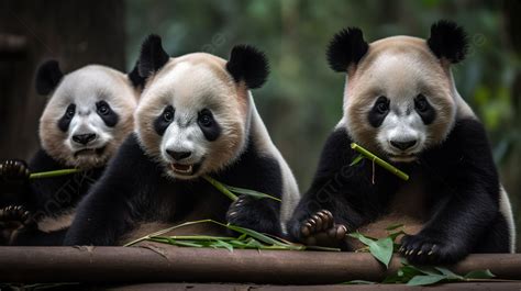 Three Pandas Sitting And Eating Bamboo Background Picture Of Pandas