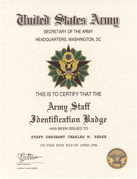Army Staff Badge Certificate Of Service
