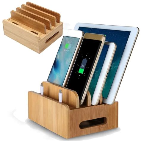 Multi Device Cords Organizer Stand Charging Station Bamboo
