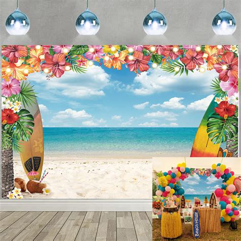 Buy Hawaiian Beach Backdrop Luau Tropical Flowers Blue Sky Ocean Surfboard Summer Aloha