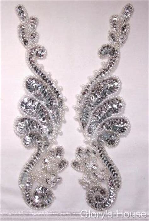 Sequin Beaded Applique Silver Pearl