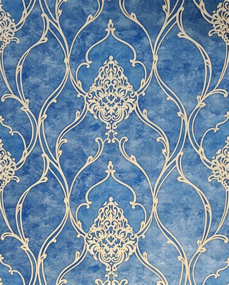 M5123 Royal Blue Beige Gold Victorian Damask Wallpaper Contemporary