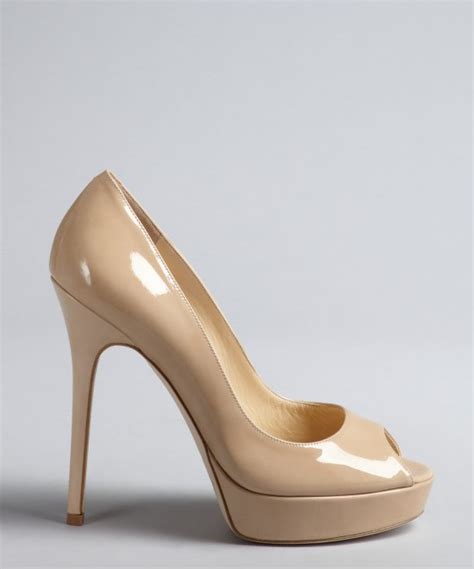 lyst jimmy choo nude patent leather crown peep toe pumps in natural