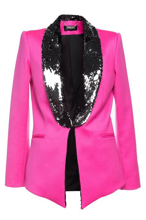 Hot Pink Tuxedo Sequin Embellished Lapel Styland