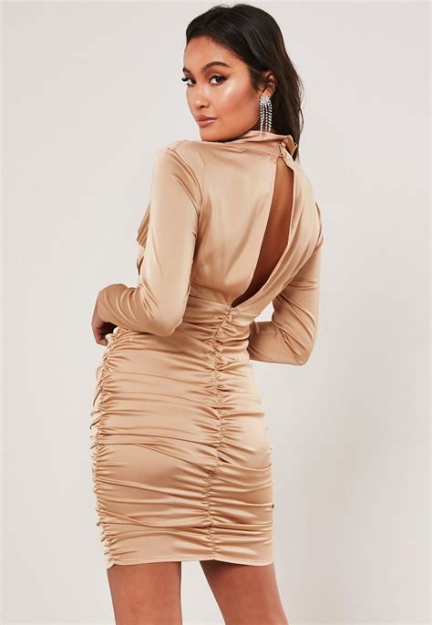 Petite Nude High Neck Ruched Mini Dress Missguided