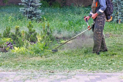 A Utility Worker Mows A Green Lawn With A Petrol Trimmer Near A