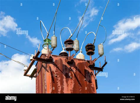 Power Transformer Against The Blue Sky Background Stock Photo Alamy