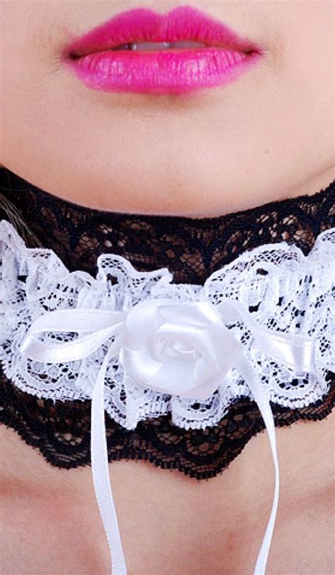 Black And White Lace Neck Choker With White Satin Flower Bow Lace