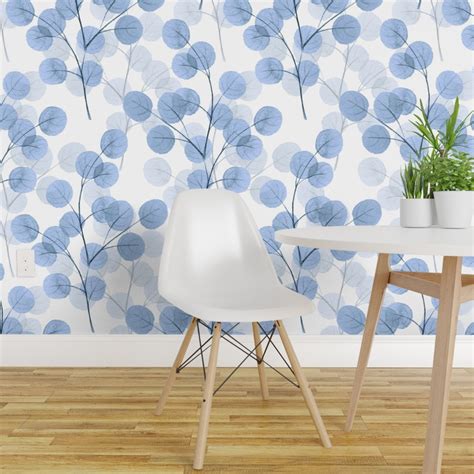 Peel And Stick Wallpaper 2ft Wide Round Leaves Blue Floral Watercolor