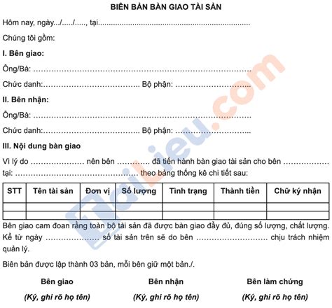 Biên Bản Bàn Giao Tài Sản Công Việc Hàng Hóa Hồ Sơ Chuẩn 2022