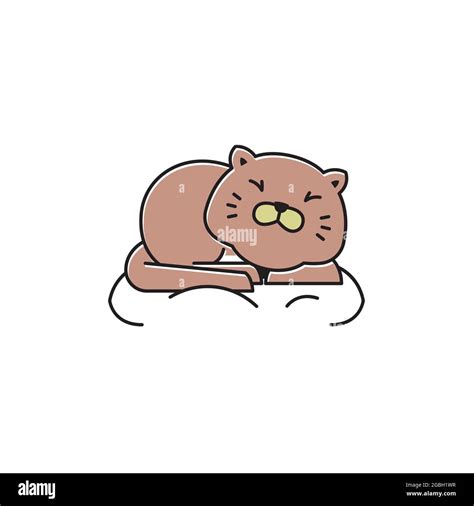 Fat Cat Happy Sit Sleeping On Pillow Flat Cartoon Mascot Illustration